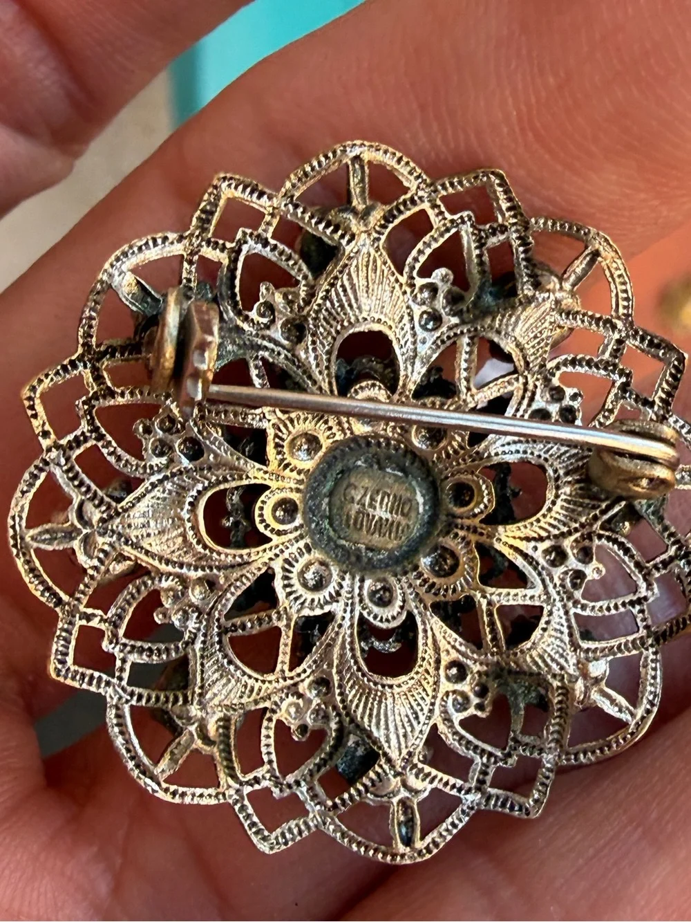 Vintage Silver Tone Czechoslovakia Ornate Black Crystal Filigree Brooch